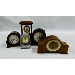 COLLECTION OF 5 MANTEL CLOCKS INCLUDING OAK CASED.