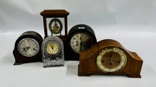 COLLECTION OF 5 MANTEL CLOCKS INCLUDING OAK CASED.