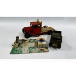 3 VINTAGE TIN TOYS TO INCLUDE ROTARY FLYING PLANE & 2 TOY TRUCKS.