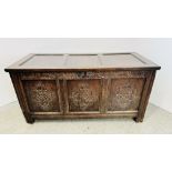 A C17th OAK COFFER, DATED 1686, WITH ALTERATIONS INCLUDING A NEW TOP, 134CM WIDE.