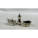 A SILVER THREE PIECE CONDIMENT SET, BIRMINGHAM ASSAY (RUBBED MARKS).