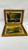 A PAIR OF ORNATE GILT FRAMED PRINTS DEPICTING CONTINENTAL SEA SCAPES.