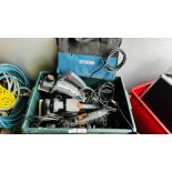 A BOX CONTAINING QUANTITY OF WORKSHOP POWER TOOLS TO INCLUDE BOSCH 110MM ANGLE GRINDER,