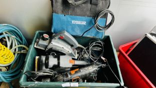 A BOX CONTAINING QUANTITY OF WORKSHOP POWER TOOLS TO INCLUDE BOSCH 110MM ANGLE GRINDER,