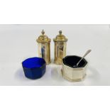 A VINTAGE THREE PIECE SILVER CRUET COMPRISING PEPPER, SALT & MUSTARD POT, BIRMINGHAM ASSAY 1989 K.M.