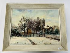 OIL ON CANVAS "SWAFFHAM CHURCH IN WINTER" BEARING SIGNATURE BEN RIPPER, W 60CM X H 45CM.