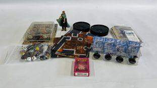 QUANTITY OF MAGE KNIGHT BOARD GAME FIGURES, MAPS, DUNGEON, FLOORPLANS AND DICE ETC.
