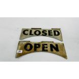 TWO VINTAGE ALUMINIUM OPEN & CLOSED SIGNS - W 38CM X H 14.5CM.