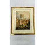 A FRAMED AND MOUNTED WATERCOLOUR "CHURCH SCENE" BEARING SIGNATURE S. PROUT H 34CM X W 25CM.