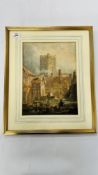 A FRAMED AND MOUNTED WATERCOLOUR "CHURCH SCENE" BEARING SIGNATURE S. PROUT H 34CM X W 25CM.