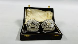 CASED PAIR OF HOBNAIL GLASS SALTS WITH SPOONS.