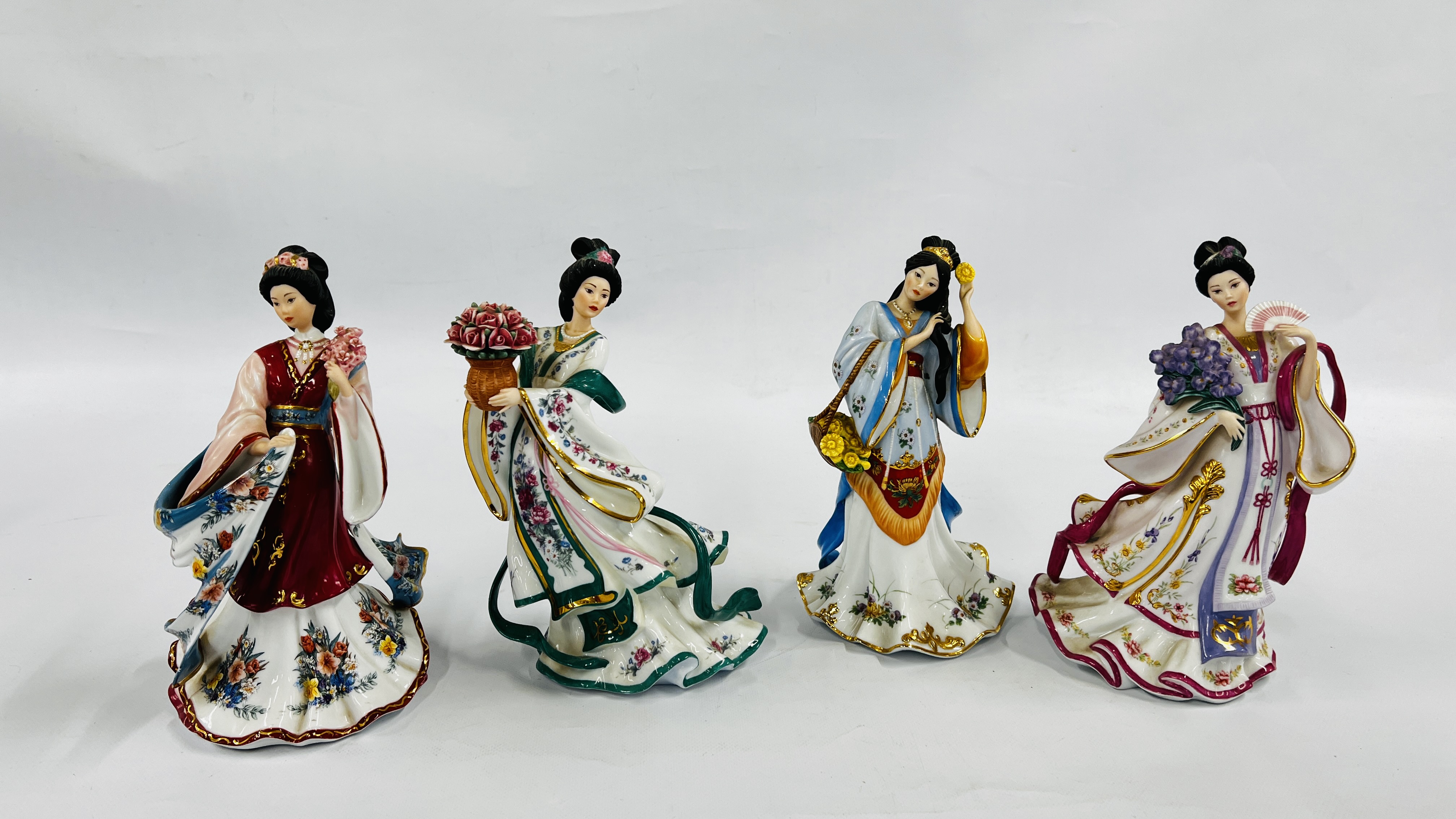 A GROUP OF 4 DANBURY MINT PORCELAIN FIGURES TO INCLUDE "THE ROSE PRINCESS" A/F,
