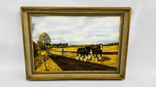 OIL ON CANVAS "AUTUMN PLOUGHING BECCLES ROAD HOTTON" BEARING SIGNATURE JOHN MUNNINGS - 60CM X 40CM.