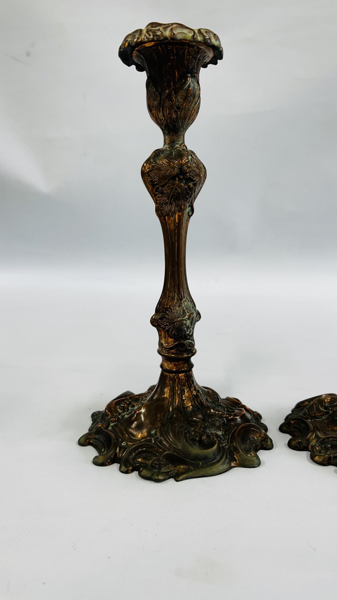 A PAIR OF ORNATE C19TH COPPER CANDLESTICKS WITH DETACHABLE SCONCES - HEIGHT 27CM. - Image 2 of 20