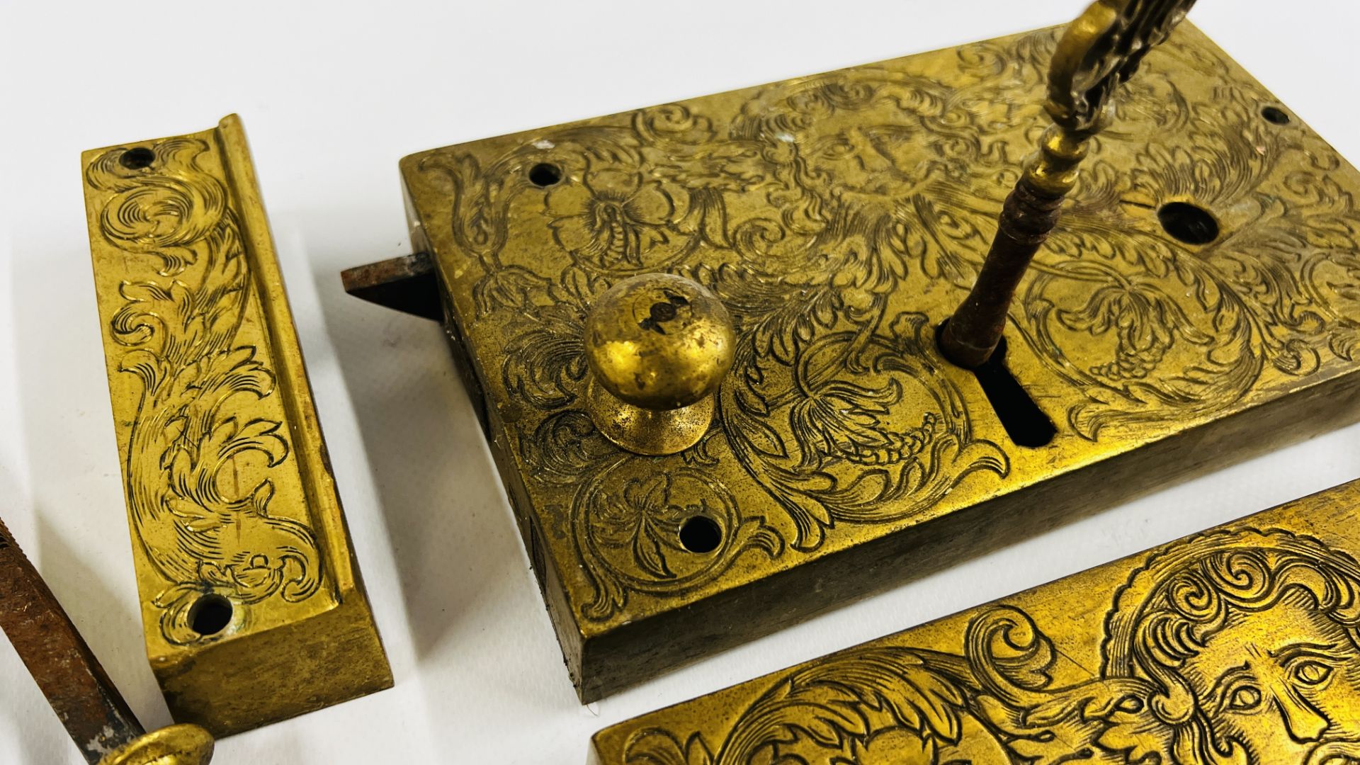 A PAIR OF ELABORATE ANTIQUE SOLID BRASS DOOR LOCKS PROBABLY C18th RETAINING THE ORIGINAL KEYS, - Image 11 of 12