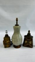 3 STONEWARE LAMP BASES TO INCLUDE BERNARD ROOKE,