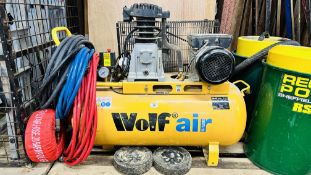 WOLF AIR DAKOTA 100 COMMERCIAL AIR COMPRESSOR, 90 LITRE TANK ALONG WITH VARIOUS HOSES.