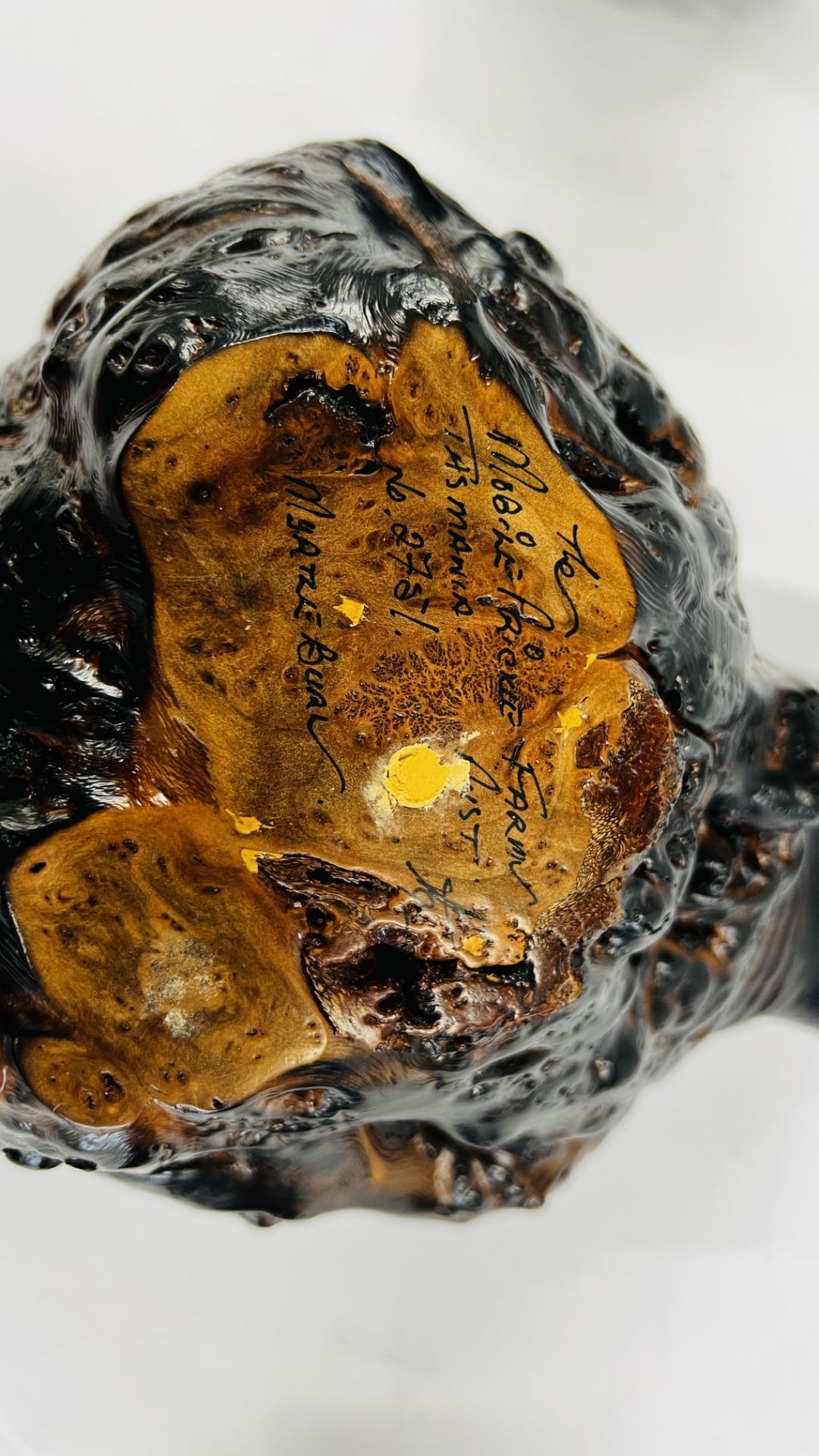 AN UNUSUAL KNARL WOOD BOWL WITH INSCRIPTION TO BASE TASMANIA AUSTRALIA AND A PAIR OF WELL DETAILED - Image 10 of 10