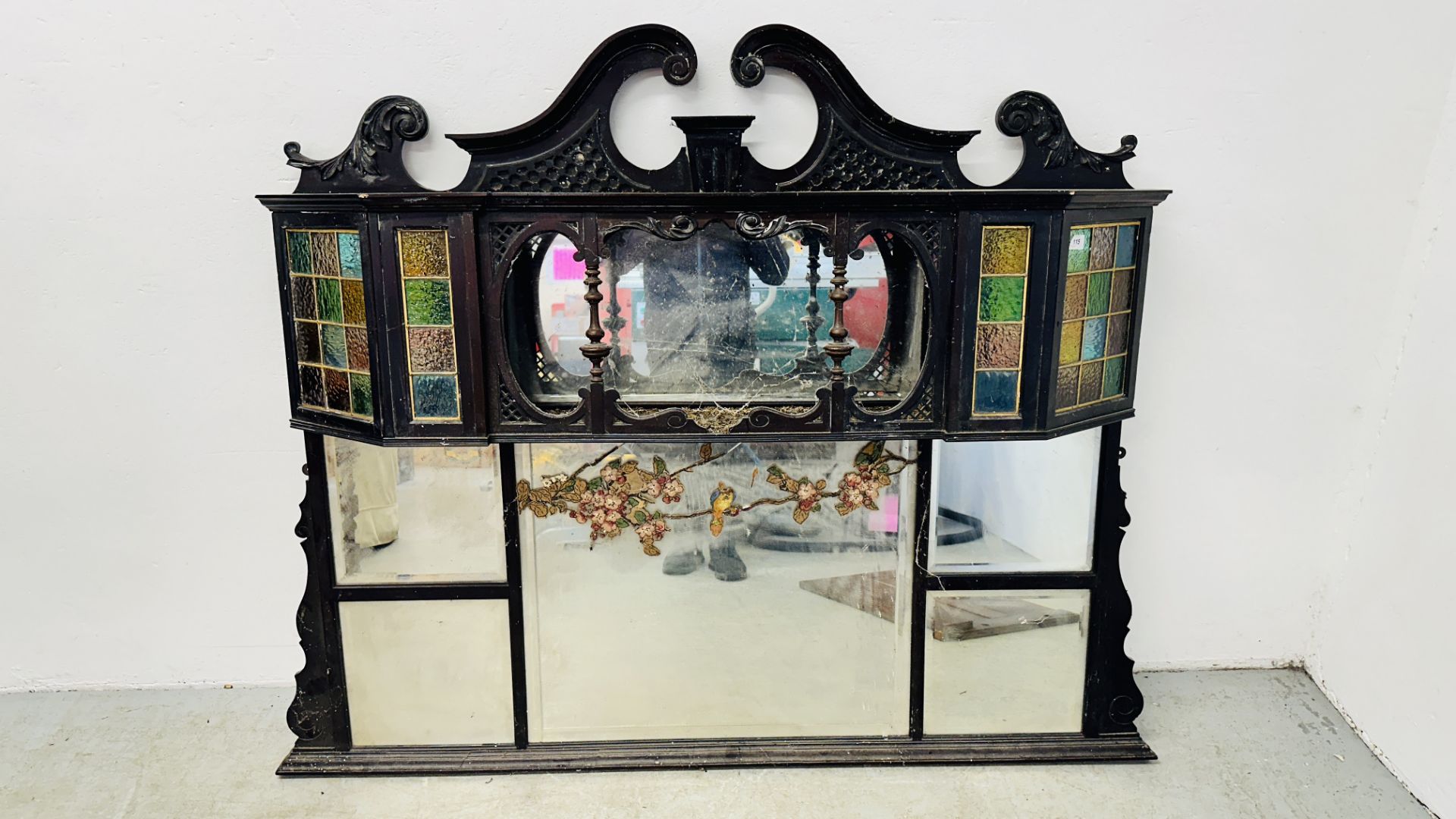 ORNATE MIRRORED OAK DRESSER UPSTAND WITH STAINED GLASS PANEL DETAIL FOR RESTORATION,