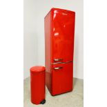 RETRO STYLE AMICA RED FINISH FRIDGE FREEZER + RED PEDAL BIN - SOLD AS SEEN.