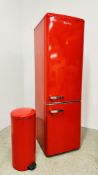 RETRO STYLE AMICA RED FINISH FRIDGE FREEZER + RED PEDAL BIN - SOLD AS SEEN.