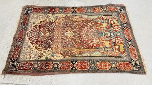 A PERSIAN DESIGN RUG DECORATED WITH SPRAYS OF FLOWERS AND DEER AND ARABIC INSCRIPTIONS,