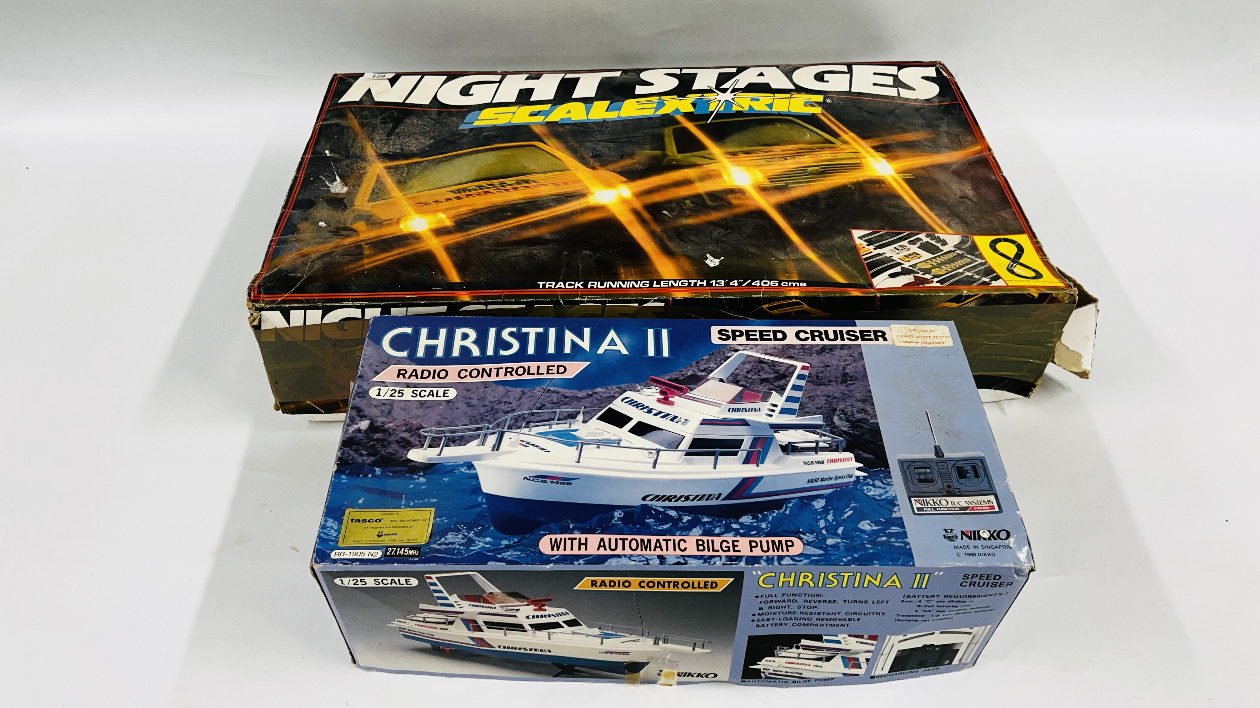 SCALEXTRIC "NIGHT STAGES" RACING GAME A/F ALONG WITH CHRISTINA II RADIO CONTROL BOAT BOTH SOLD AS