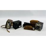 4 VINTAGE CAMERAS TO INCLUDE ERNEMANN ROLF I FOLDING CAMERA EIMIG CAMER, SIX-20 BROWNIE AND WARWICK.