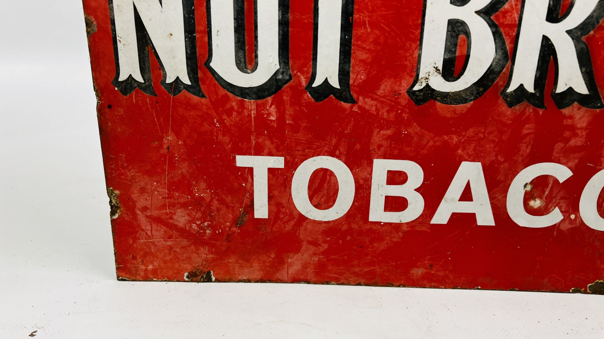 AN ORIGINAL VINTAGE DOUBLE SIDED ENAMEL SIGN "WE SELL NUT BROWN TOBACCO" - W 45 X H 34.5CM. - Image 13 of 14
