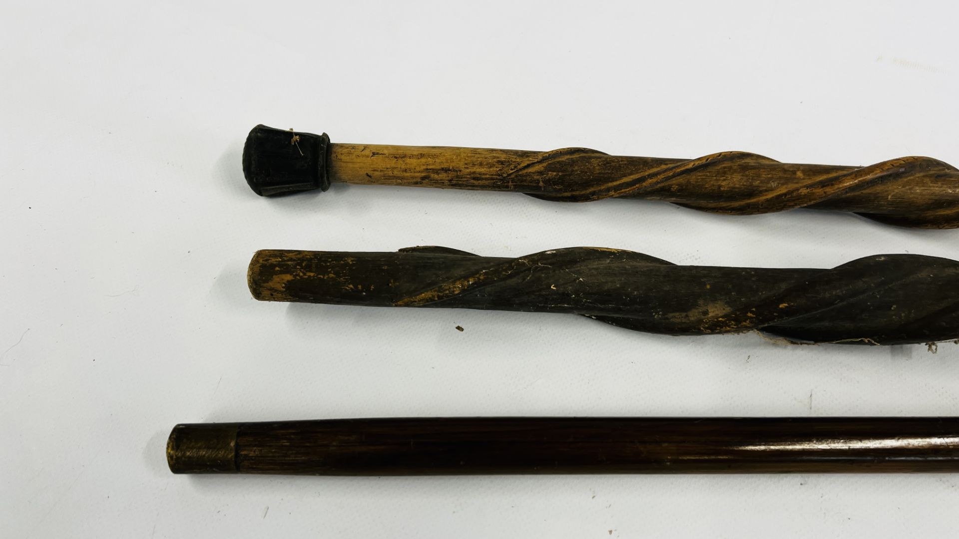 TWO C19th CARVED WALKING STICKS ONE OF SNAKE DESIGN + A VINTAGE SILVER TOP WALKING CANE. - Image 5 of 5