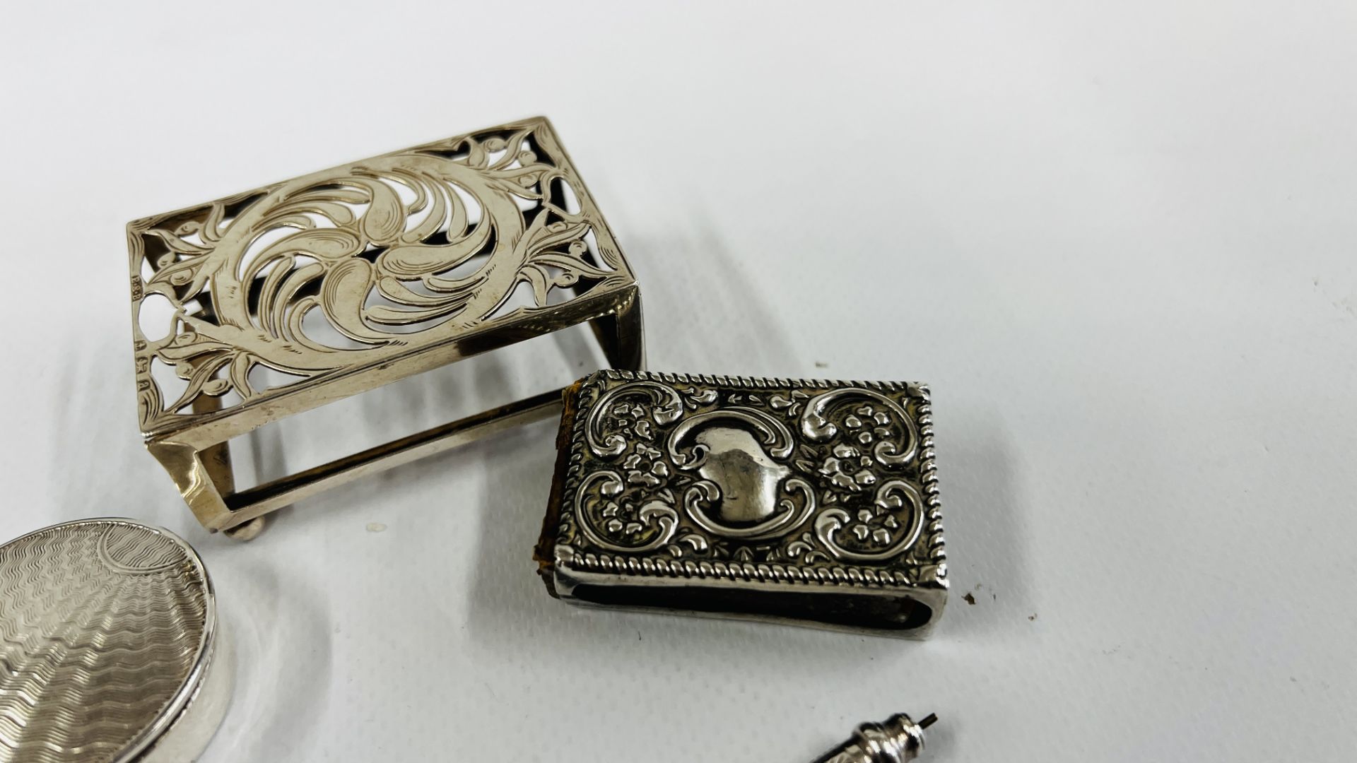 TWO SILVER MATCHBOX HOLDERS, CIRCULAR SILVER PILL BOX, TWO SILVER PROPELLING PENCILS. - Image 2 of 14