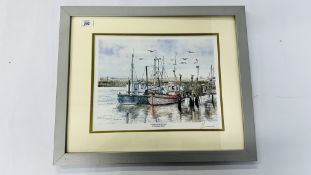 A FRAMED PRINT "FISHING BOATS AT SOUTHWOLD" BEARING PENCIL SIGNATURE CHRISTOPHER BACON - W 37 X H