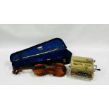 A VINTAGE VIOLIN AND BOW WITH MOTHER OF PEARL DETAIL A/F IN A RUSHWORTH AND DRAPER MUSICAL