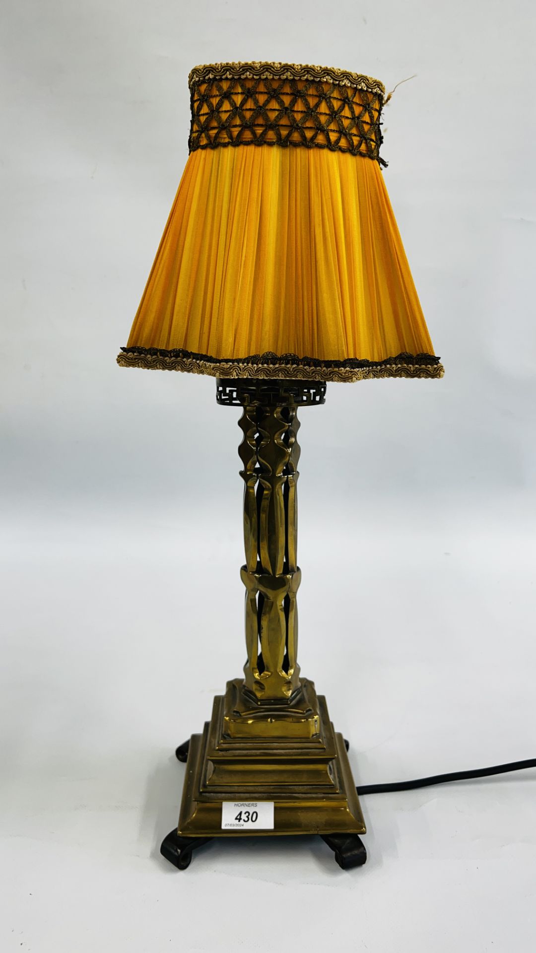 A VICTORIAN GOTHIC BRASS TABLE LAMP H 57CM - SOLD AS SEEN.