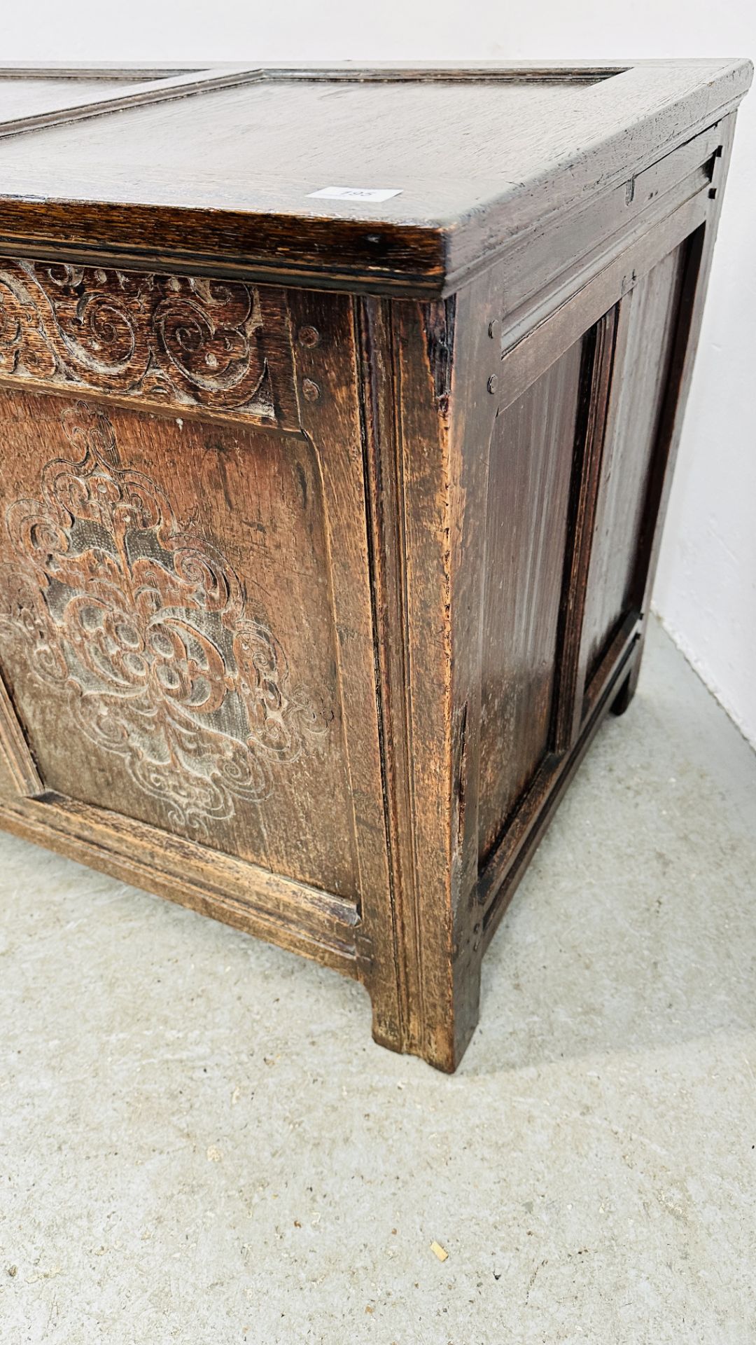 A C17th OAK COFFER, DATED 1686, WITH ALTERATIONS INCLUDING A NEW TOP, 134CM WIDE. - Image 4 of 17