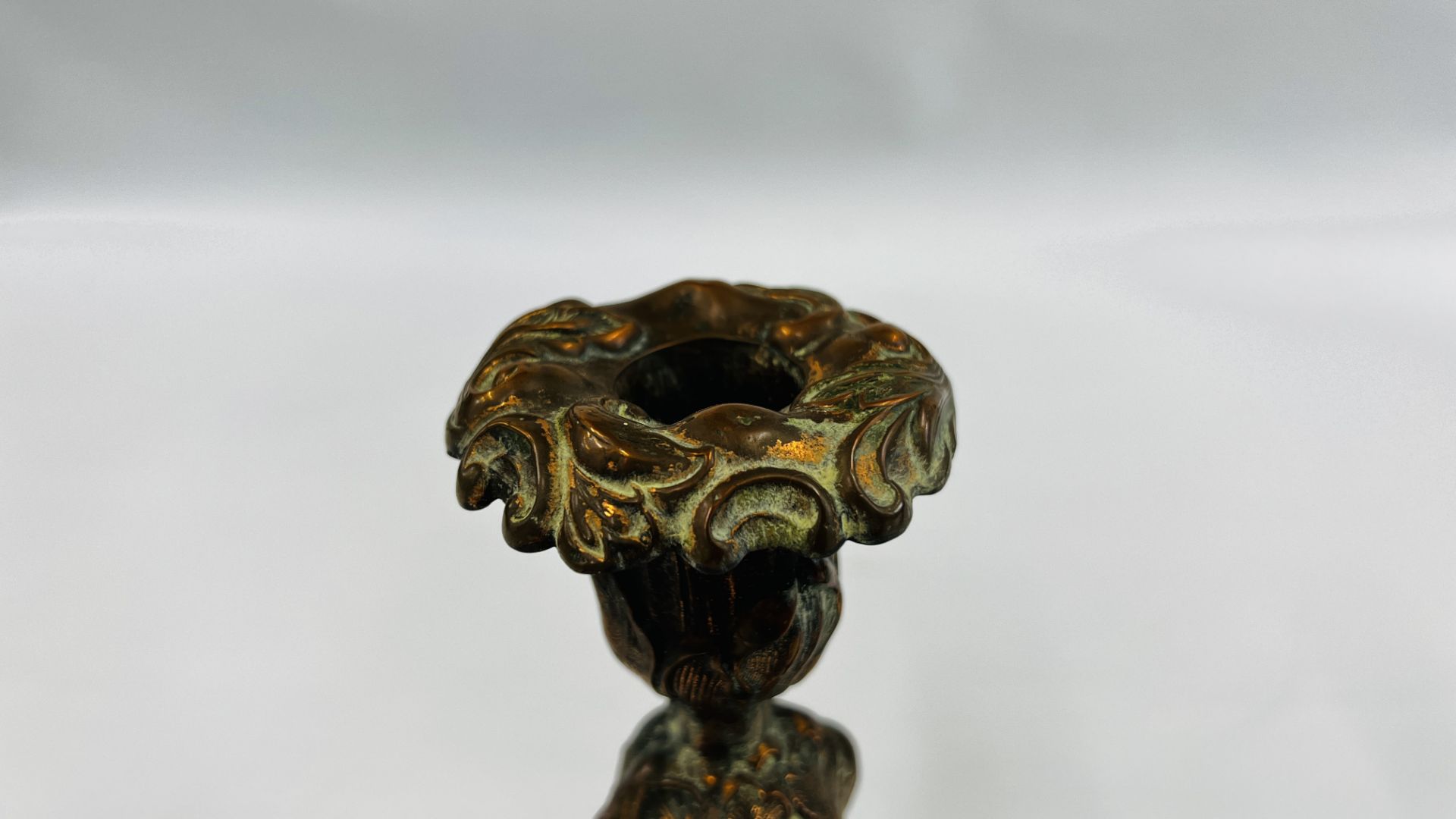 A PAIR OF ORNATE C19TH COPPER CANDLESTICKS WITH DETACHABLE SCONCES - HEIGHT 27CM. - Image 3 of 20