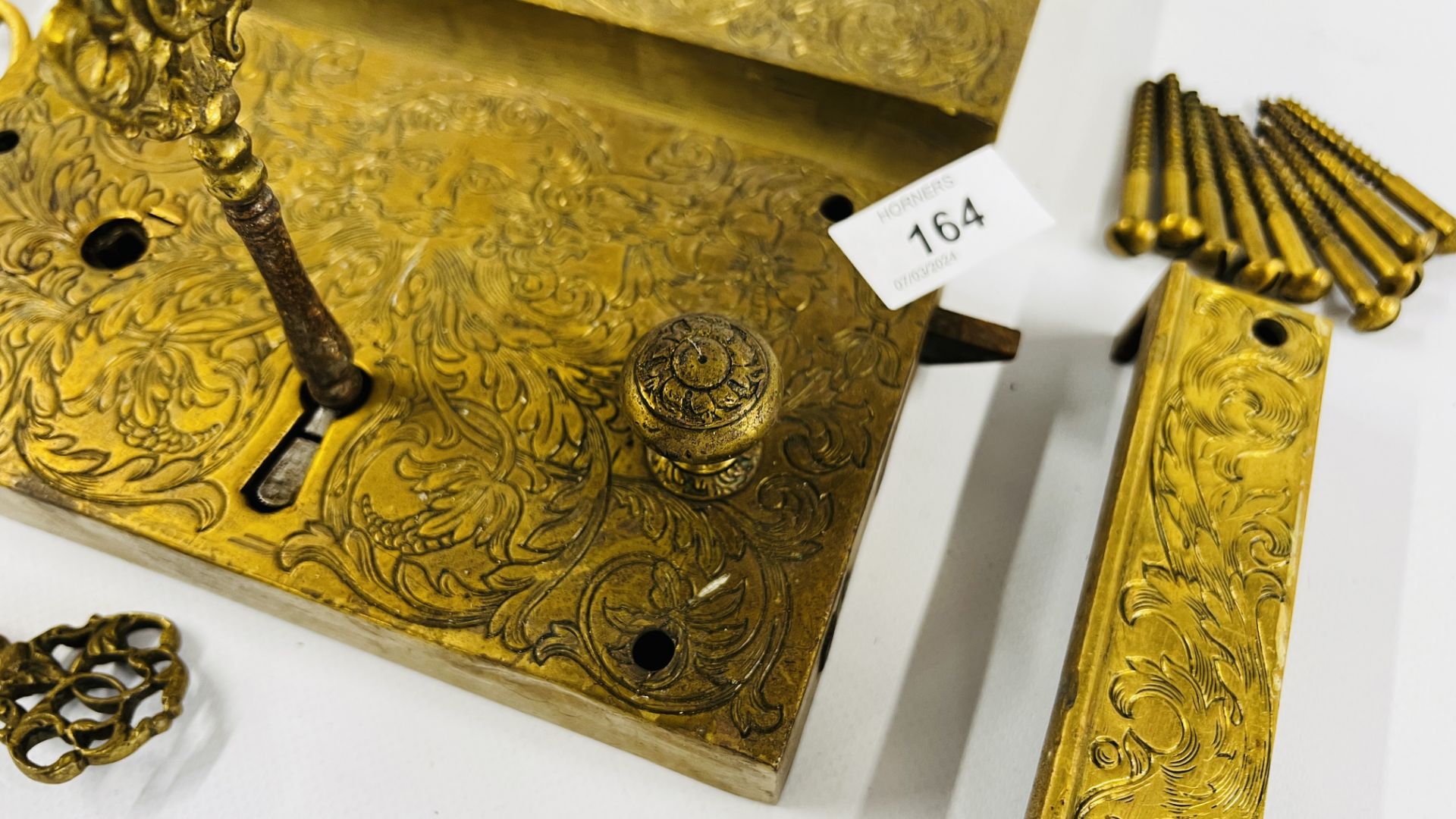 A PAIR OF ELABORATE ANTIQUE SOLID BRASS DOOR LOCKS PROBABLY C18th RETAINING THE ORIGINAL KEYS, - Image 9 of 12