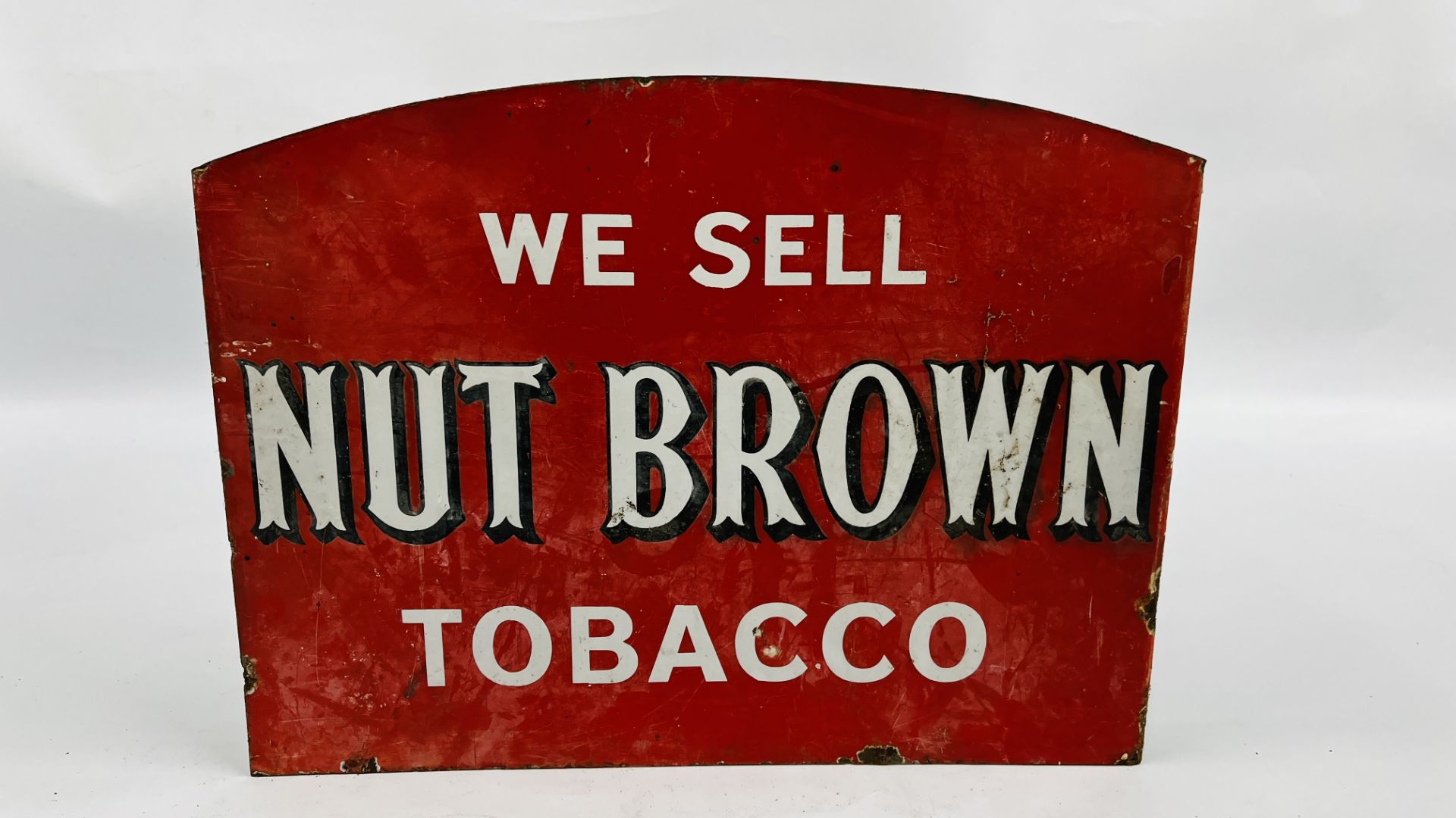 AN ORIGINAL VINTAGE DOUBLE SIDED ENAMEL SIGN "WE SELL NUT BROWN TOBACCO" - W 45 X H 34.5CM. - Image 9 of 14