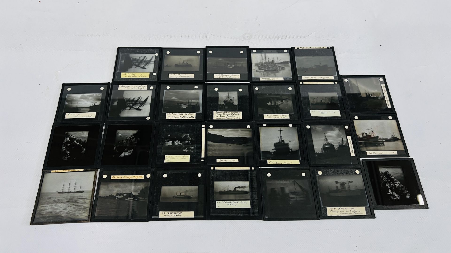 26 MARITIME LANTERN SLIDES TO INCLUDE HORNING FERRY, P & O SHATHMORO, M.V. DUNBAR CASTLE AND MORE.