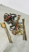 ORNATE BRASS TABLE LAMP STAND, QUANTITY BRASS STAIR RODS, STYRUP PUMP, BRASS FIRE IRONS,