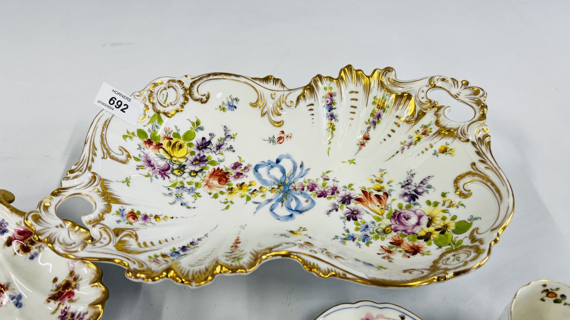 AN ELABORATE PORCELAIN TWO HANDLED DISH MARKED DRESDEN, - Image 6 of 13