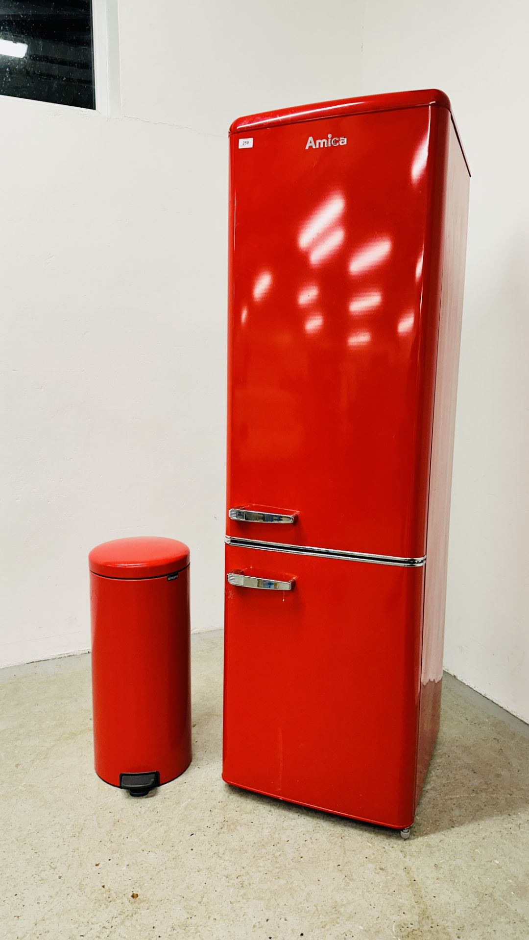 RETRO STYLE AMICA RED FINISH FRIDGE FREEZER + RED PEDAL BIN - SOLD AS SEEN. - Image 3 of 10