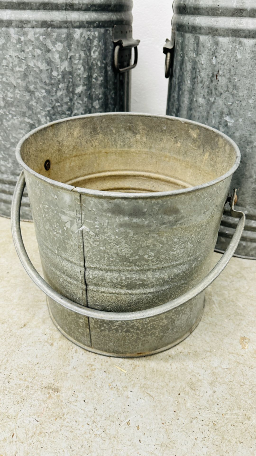 TWO GALVANISED DUSTBINS WITH LIDS AND GALVANISED PALE. - Image 3 of 5