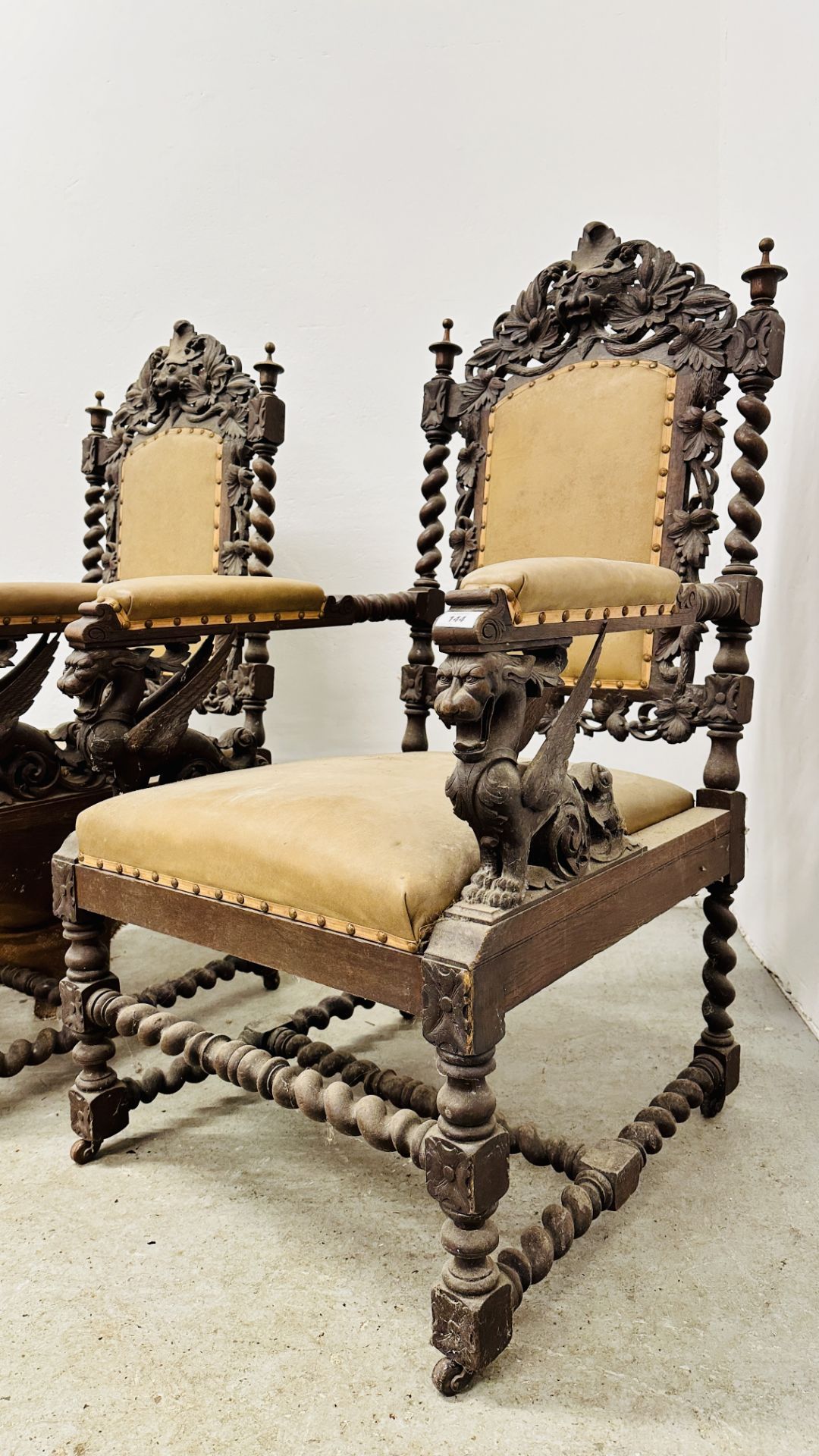 A PAIR OF C1870 HEAVILY CARVED OAK FRAMED OPEN ARM CHAIRS, - Image 12 of 39