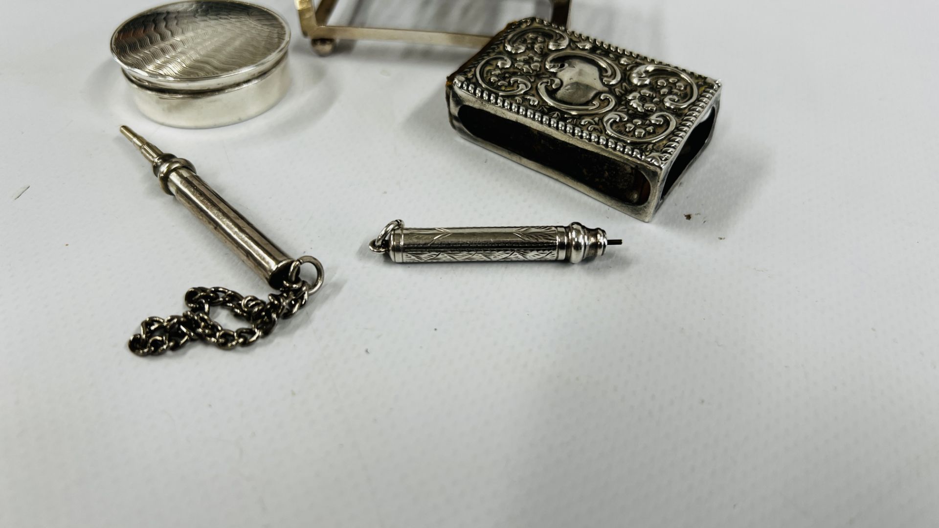 TWO SILVER MATCHBOX HOLDERS, CIRCULAR SILVER PILL BOX, TWO SILVER PROPELLING PENCILS. - Image 4 of 14