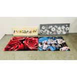 A GROUP OF 4 MODERN ART CANVAS PRINTS INCLUDING FLORAL AND BIRDS.