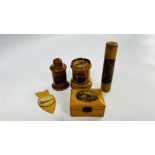 A GROUP OF VINTAGE MAUCHLINE WARE TO INCLUDE VARIOUS BOXES, BOOKMARK, NEEDLE CASE ETC.