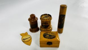 A GROUP OF VINTAGE MAUCHLINE WARE TO INCLUDE VARIOUS BOXES, BOOKMARK, NEEDLE CASE ETC.