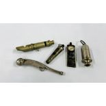 A COLLECTION OF 5 VINTAGE WHISTLES TO INCLUDE 189890'S LIVERPOOL POLICE BEAUFORT WHISTLE,