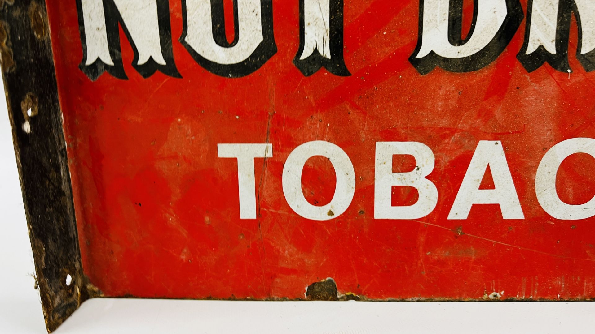 AN ORIGINAL VINTAGE DOUBLE SIDED ENAMEL SIGN "WE SELL NUT BROWN TOBACCO" - W 45 X H 34.5CM. - Image 7 of 14